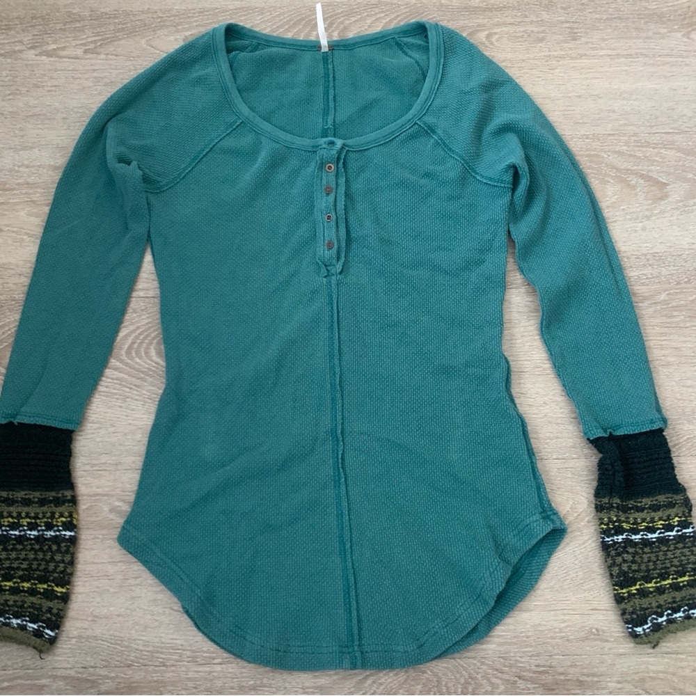 Free People Teal Waffle Knit Crochet Cuff Long Sleeve Top Size L